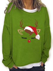 Christmas Elk Print Sweatshirt Crew Neck Long Sleeve Casual Women's Clothing