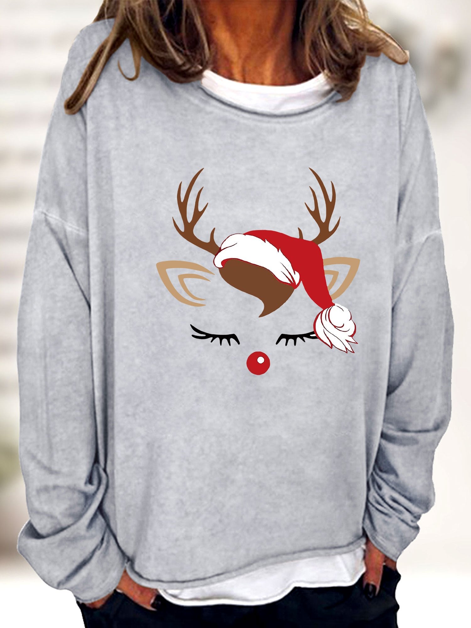 Christmas Elk Print Sweatshirt Crew Neck Long Sleeve Casual Women's Clothing