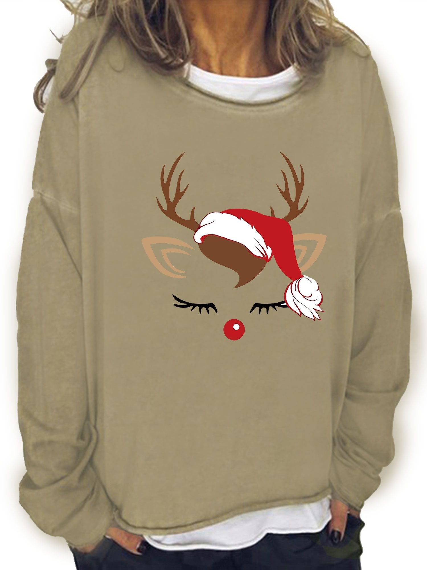 Christmas Elk Print Sweatshirt Crew Neck Long Sleeve Casual Women's Clothing