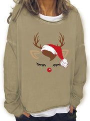 Christmas Elk Print Sweatshirt Crew Neck Long Sleeve Casual Women's Clothing