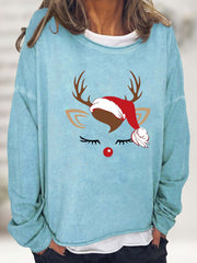 Christmas Elk Print Sweatshirt Crew Neck Long Sleeve Casual Women's Clothing