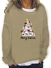 Christmas Cat Tree Print Sweatshirt Casual Long Sleeve Crew Neck