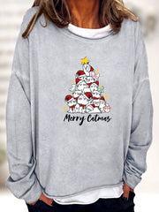 Christmas Cat Tree Print Sweatshirt Casual Long Sleeve Crew Neck