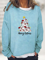 Christmas Cat Tree Print Sweatshirt Casual Long Sleeve Crew Neck