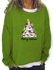 Christmas Cat Tree Print Sweatshirt Casual Long Sleeve Crew Neck