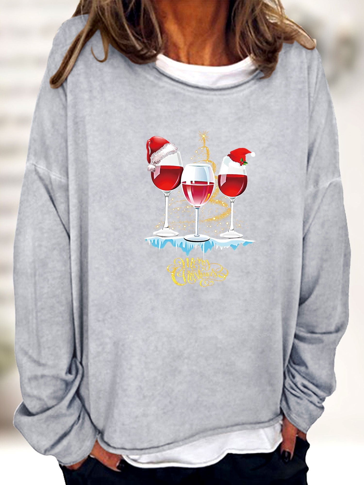 Christmas Print Sweatshirt Crew Neck Long Sleeve Casual