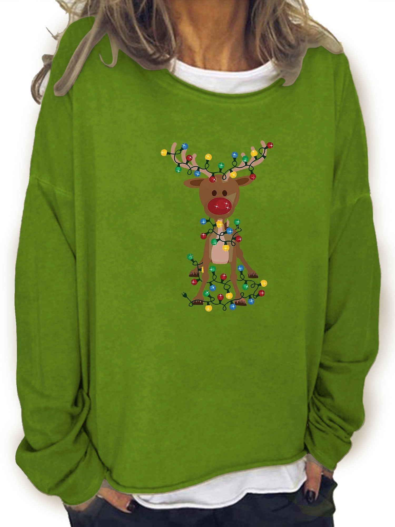 Christmas Elk Print Sweatshirt Long Sleeve Crew Neck Women's Clothing