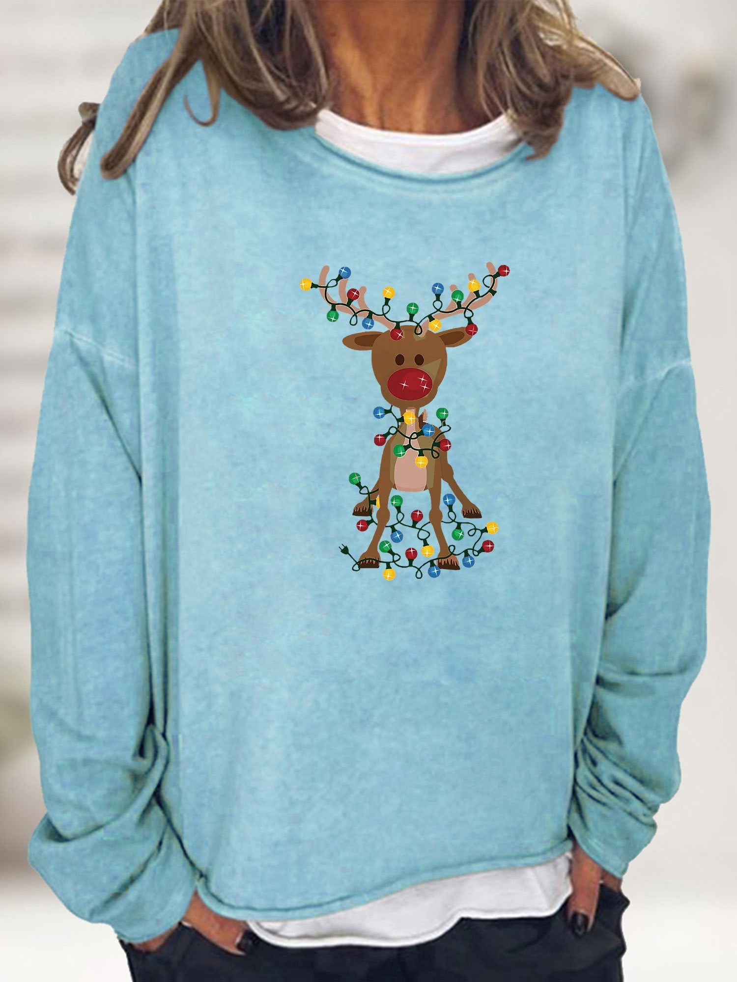 Christmas Elk Print Sweatshirt Long Sleeve Crew Neck Women's Clothing
