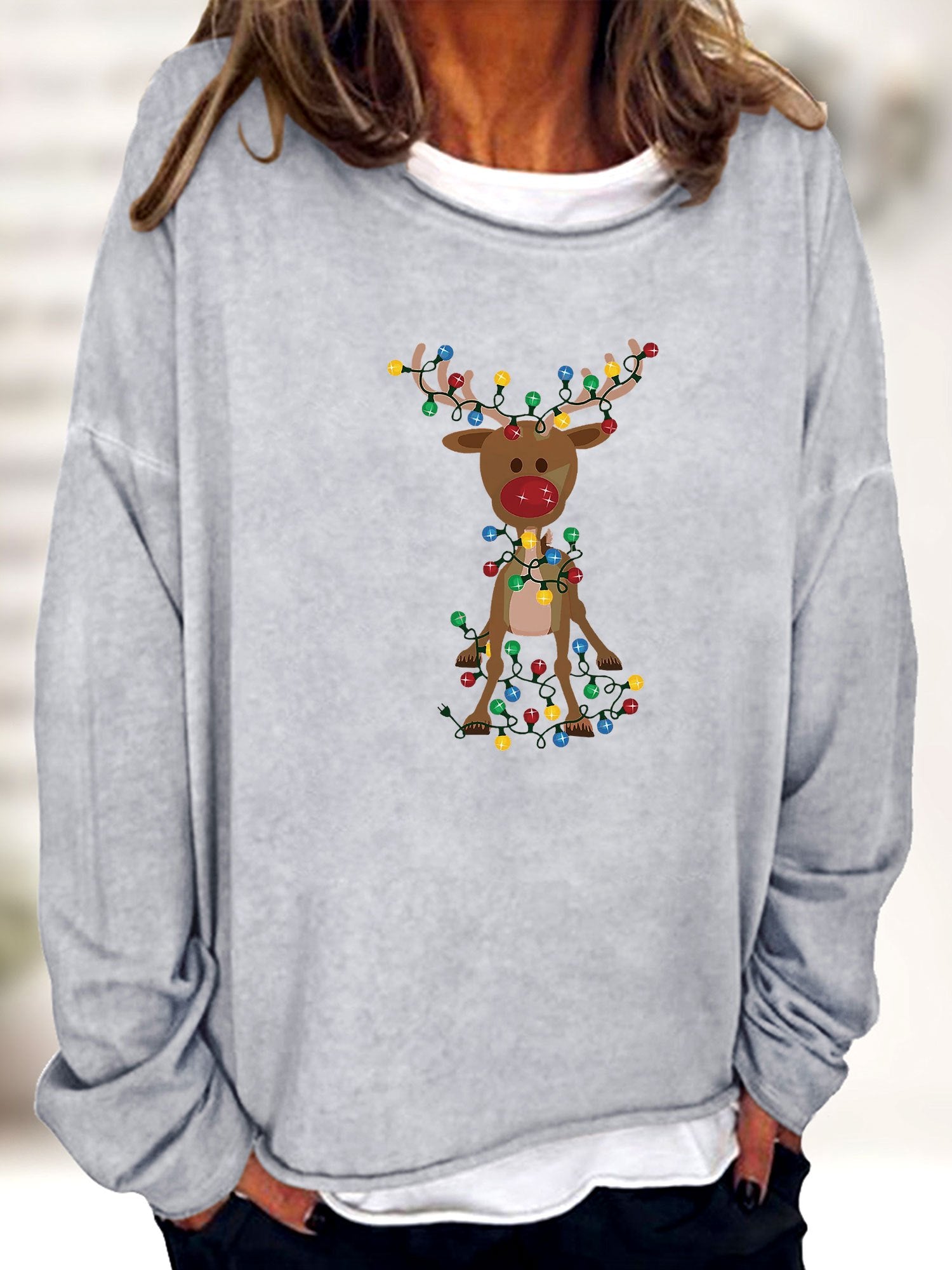 Christmas Elk Print Sweatshirt Long Sleeve Crew Neck Women's Clothing