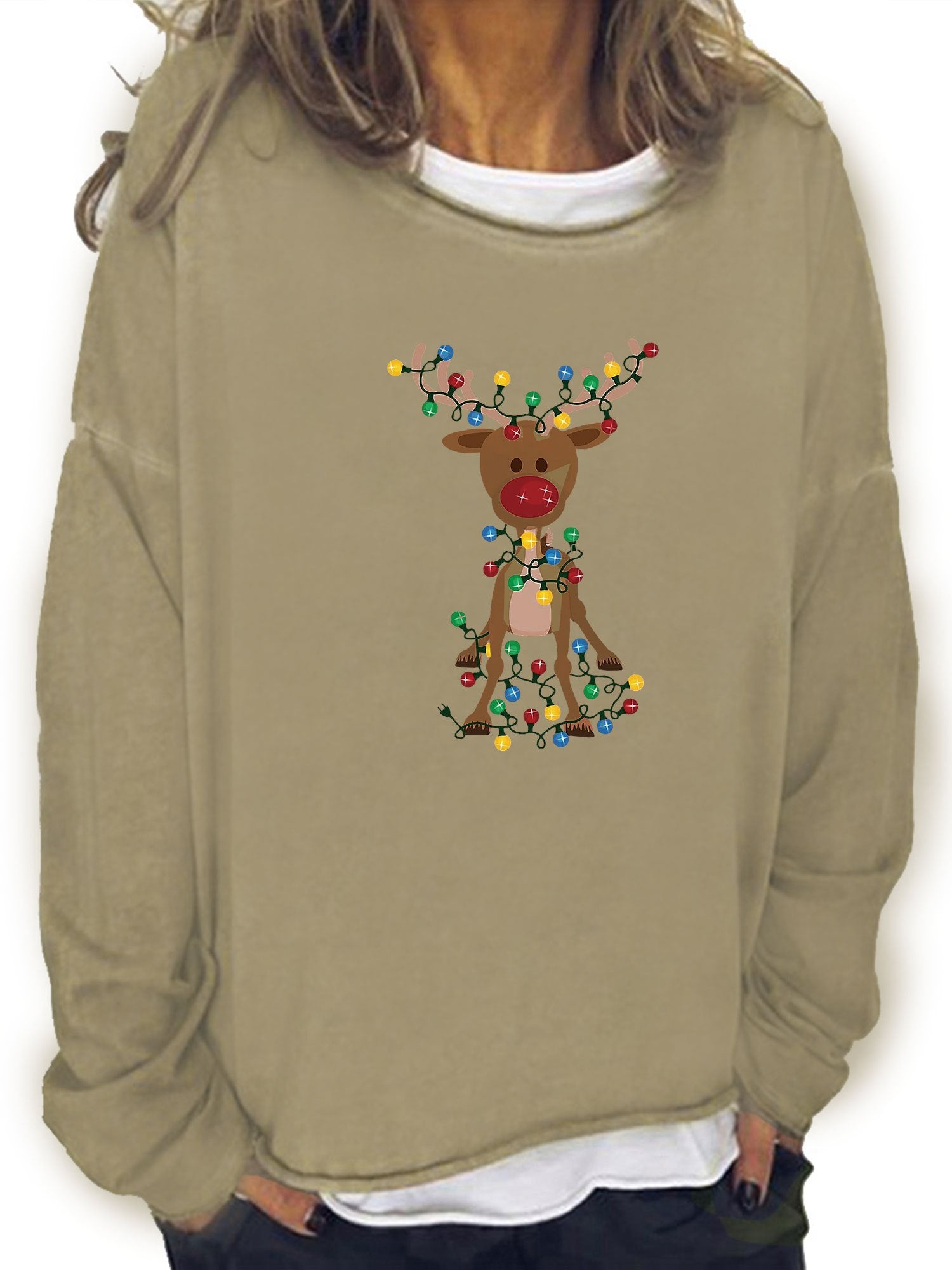 Christmas Elk Print Sweatshirt Long Sleeve Crew Neck Women's Clothing
