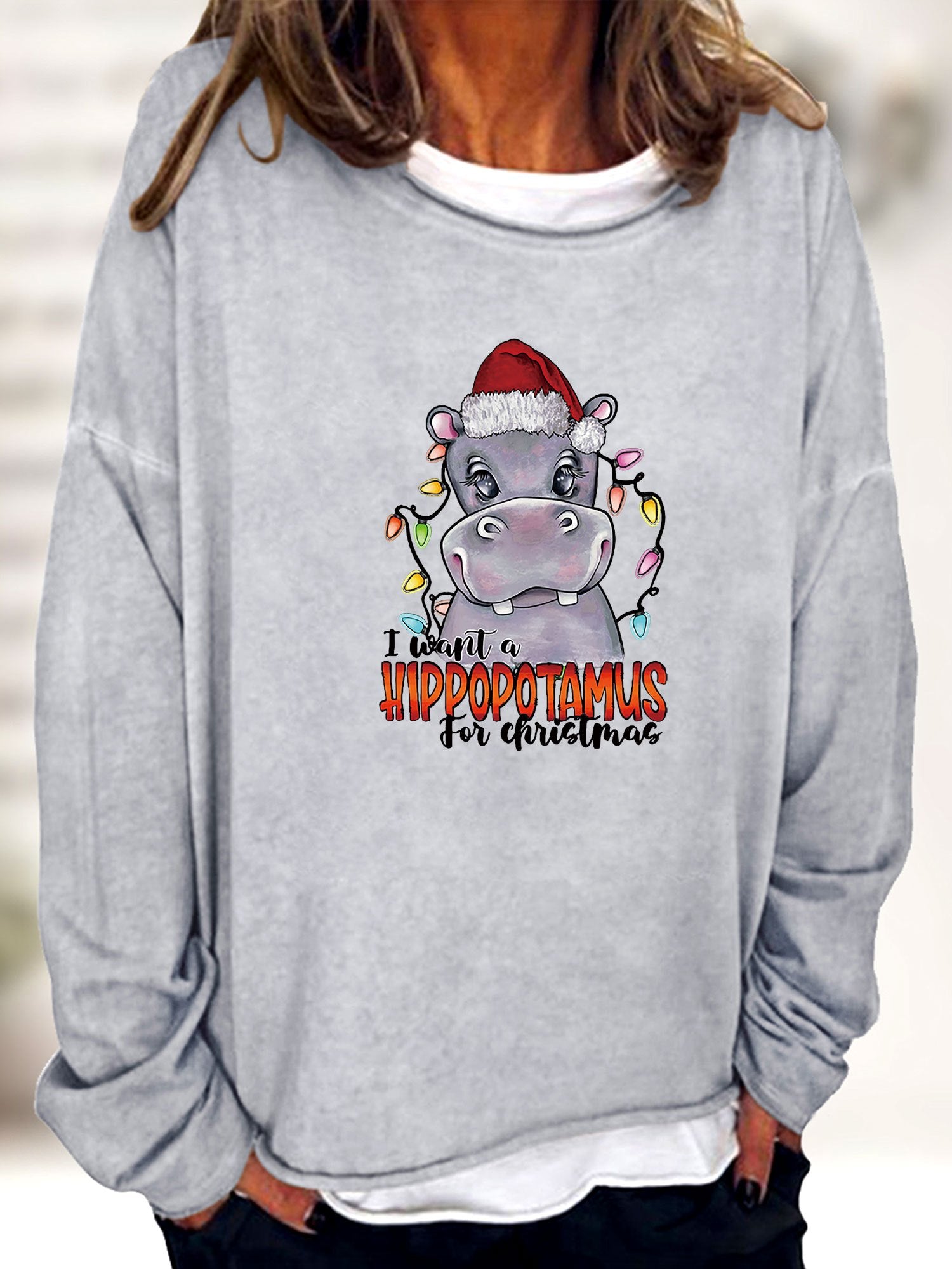 Christmas Hippopotamus Print Sweatshirt Crew Neck Women's Clothing