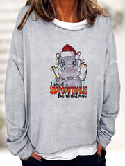 Christmas Hippopotamus Print Sweatshirt Crew Neck Women's Clothing