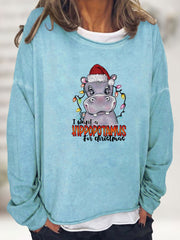 Christmas Hippopotamus Print Sweatshirt Crew Neck Women's Clothing