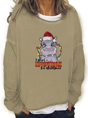 Christmas Hippopotamus Print Sweatshirt Crew Neck Women's Clothing