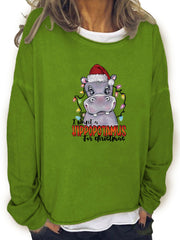 Christmas Hippopotamus Print Sweatshirt Crew Neck Women's Clothing
