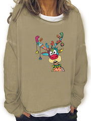 Christmas Elk Print Sweatshirt Long Sleeve Crew Neck Sweatshirt