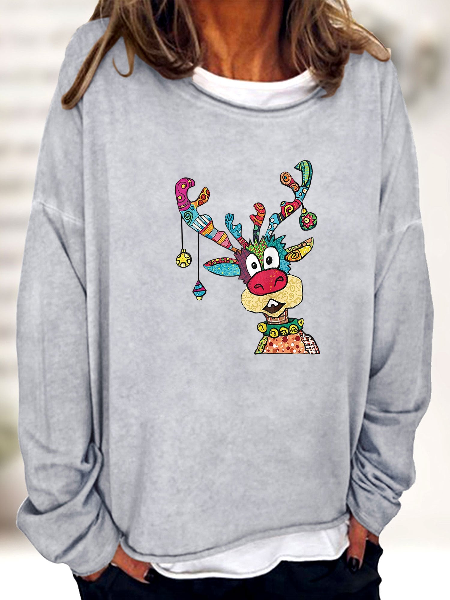 Christmas Elk Print Sweatshirt Long Sleeve Crew Neck Sweatshirt