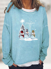 Christmas Snowman Print Sweatshirt Crew Neck Women's Clothing