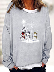 Christmas Snowman Print Sweatshirt Crew Neck Women's Clothing