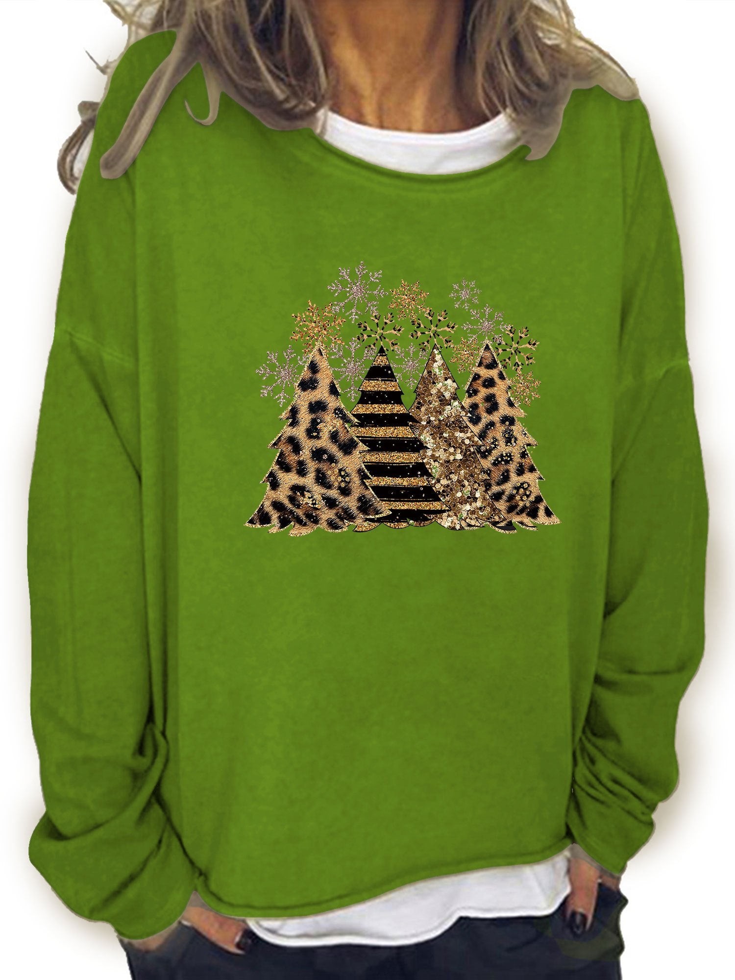 Christmas Tree Print Sweatshirt Crew Neck Women's Clothing