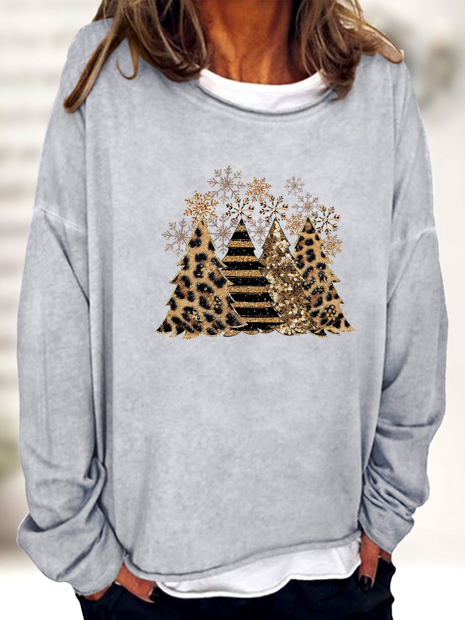 Christmas Tree Print Sweatshirt Crew Neck Women's Clothing