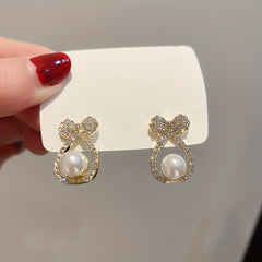 Rhinestone Bowknot Stud Earrings with Faux Pearls
