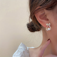 Rhinestone Bowknot Stud Earrings with Faux Pearls