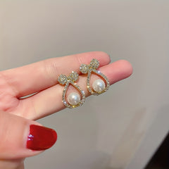Rhinestone Bowknot Stud Earrings with Faux Pearls