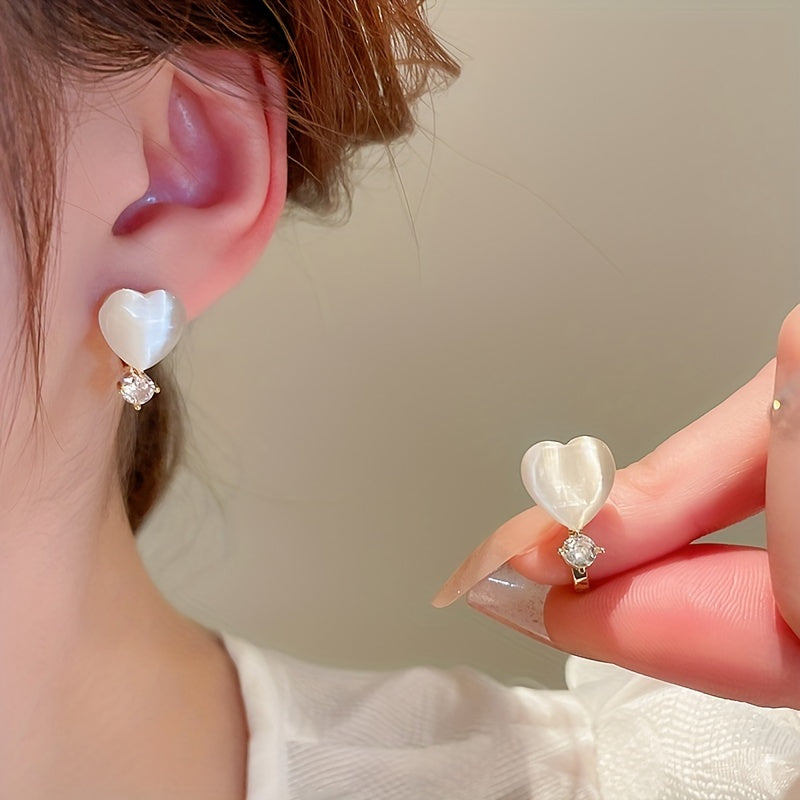 Heart Moonstone Zircon Stud Earrings, Perfect Gift for Girls