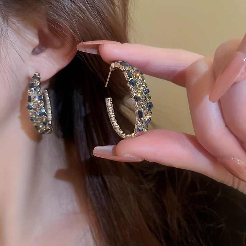 Golden Plated C Stud Earrings Rhinestones Decor Ear Jewelry