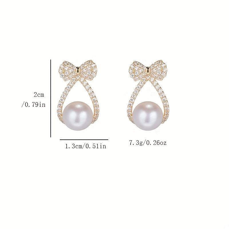 Rhinestone Faux Pearl Stud Earrings with Bowknot Design