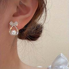 Rhinestone Faux Pearl Stud Earrings with Bowknot Design
