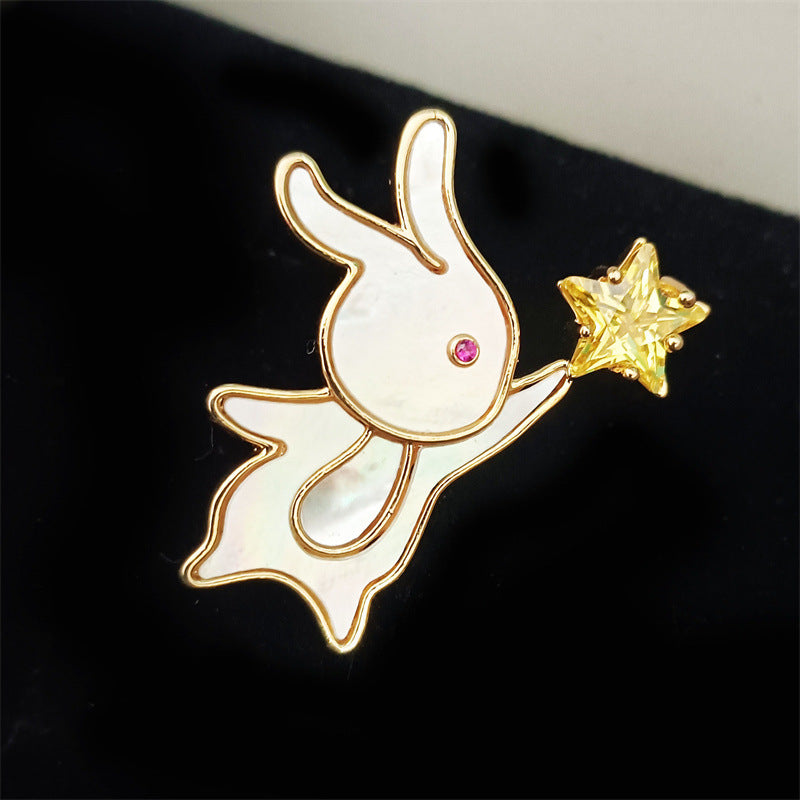 Mother of pearl Rabbit Brooch Picking Stars Corsage Suit Jacket Jewelry