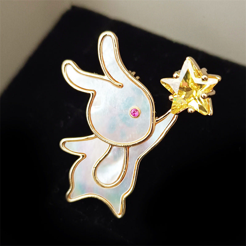 Mother of pearl Rabbit Brooch Picking Stars Corsage Suit Jacket Jewelry