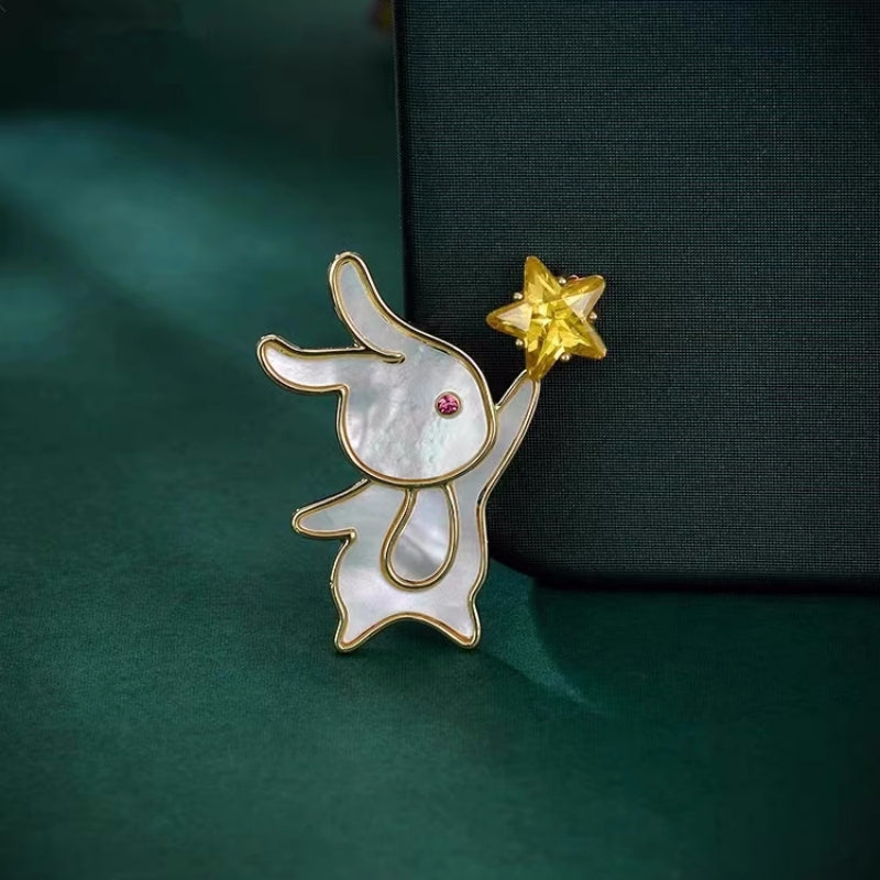 Mother of pearl Rabbit Brooch Picking Stars Corsage Suit Jacket Jewelry