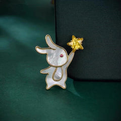 Mother of pearl Rabbit Brooch Picking Stars Corsage Suit Jacket Jewelry