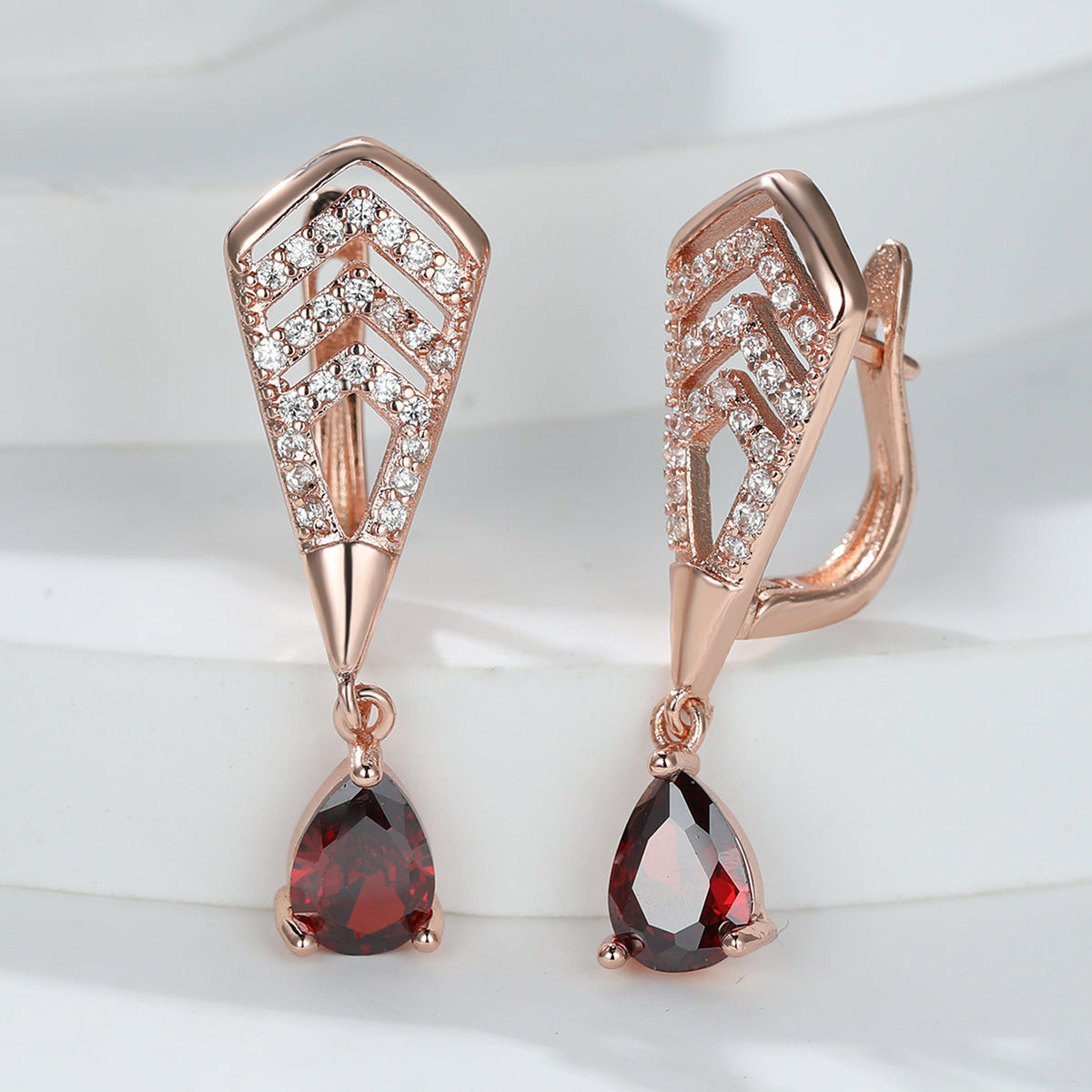 Water Drop Red Zircon Dangle Earrings Golden Bride Wedding Earrings