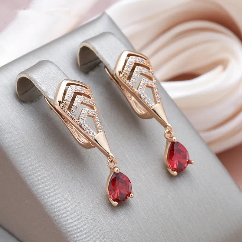 Water Drop Red Zircon Dangle Earrings Golden Bride Wedding Earrings