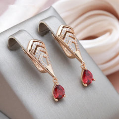 Water Drop Red Zircon Dangle Earrings Golden Bride Wedding Earrings
