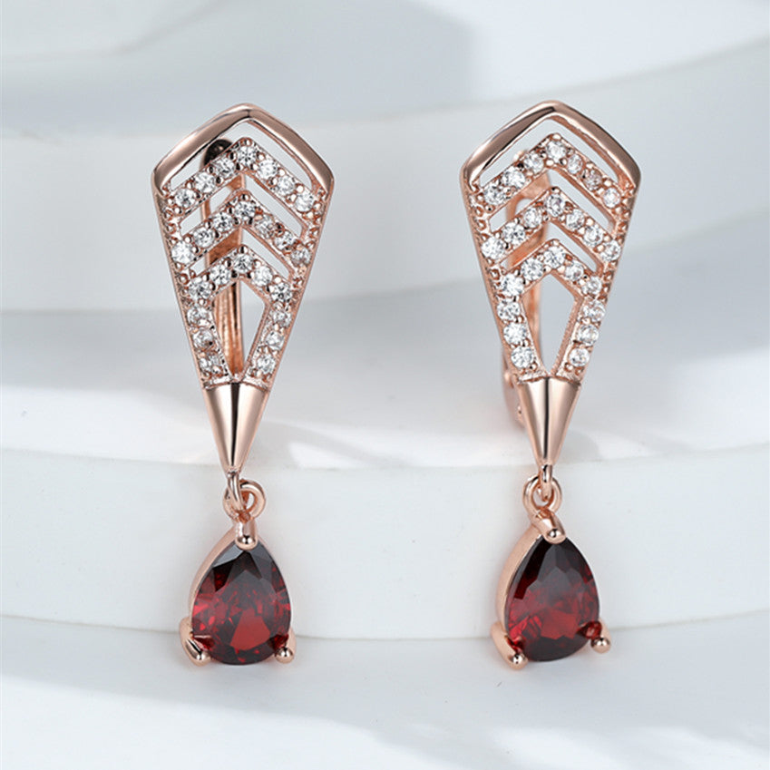 Water Drop Red Zircon Dangle Earrings Golden Bride Wedding Earrings