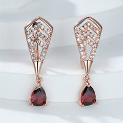 Water Drop Red Zircon Dangle Earrings Golden Bride Wedding Earrings