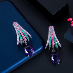 Purple Zircon Dangle Earrings Vintage Golden Bridal Wedding Jewelry
