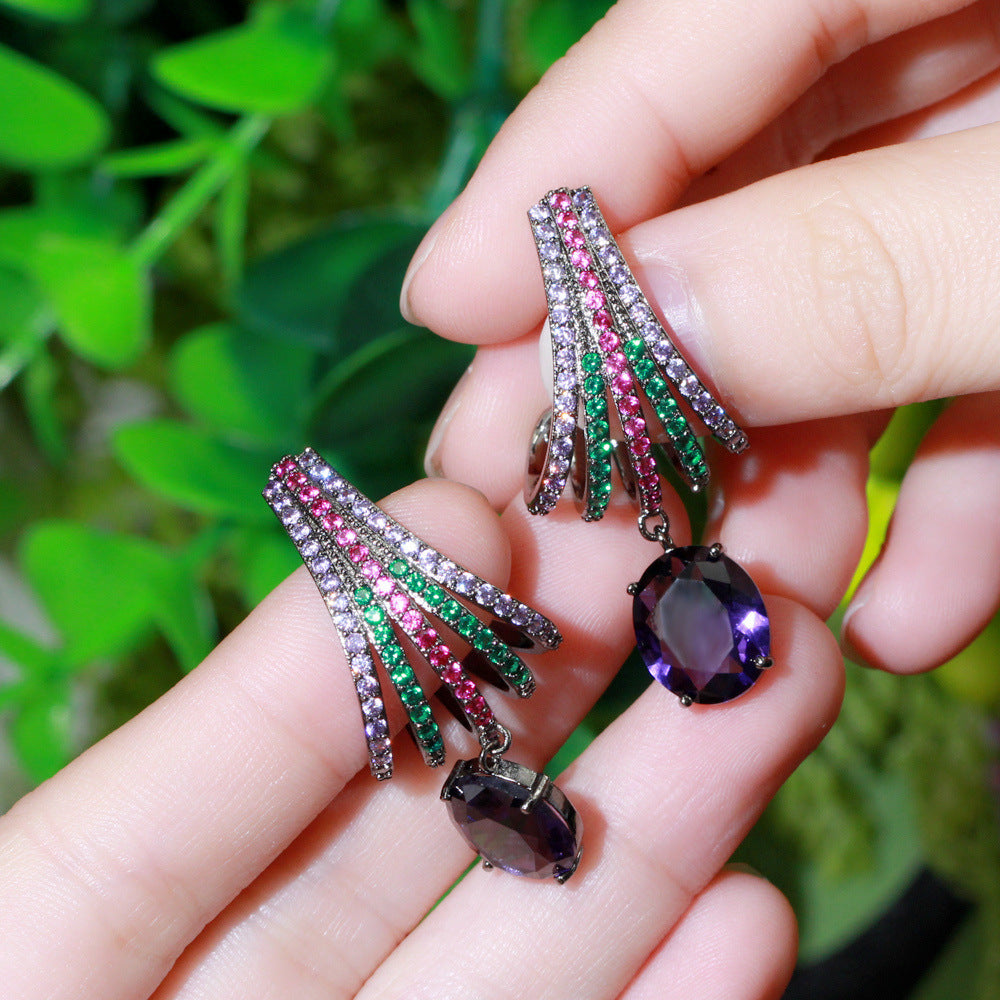 Purple Zircon Dangle Earrings Vintage Golden Bridal Wedding Jewelry
