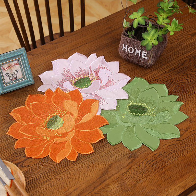Lotus Pattern Round Polyester Table Mat Heat Insulation Non slip Pad