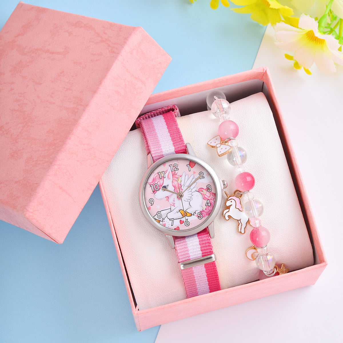 Cartoon Unicorn Girls Watch & Crystal Beaded Bracelet Set
