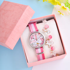 Cartoon Unicorn Girls Watch & Crystal Beaded Bracelet Set