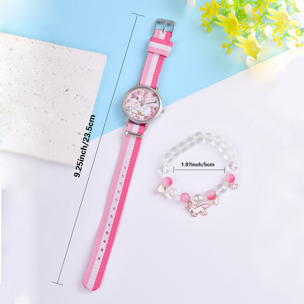 Cartoon Unicorn Girls Watch & Crystal Beaded Bracelet Set