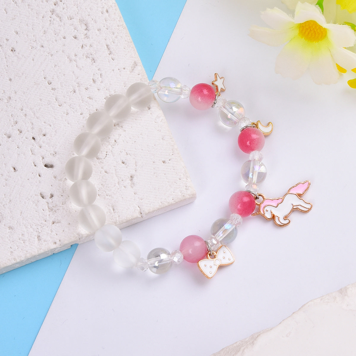 Cartoon Unicorn Girls Watch & Crystal Beaded Bracelet Set