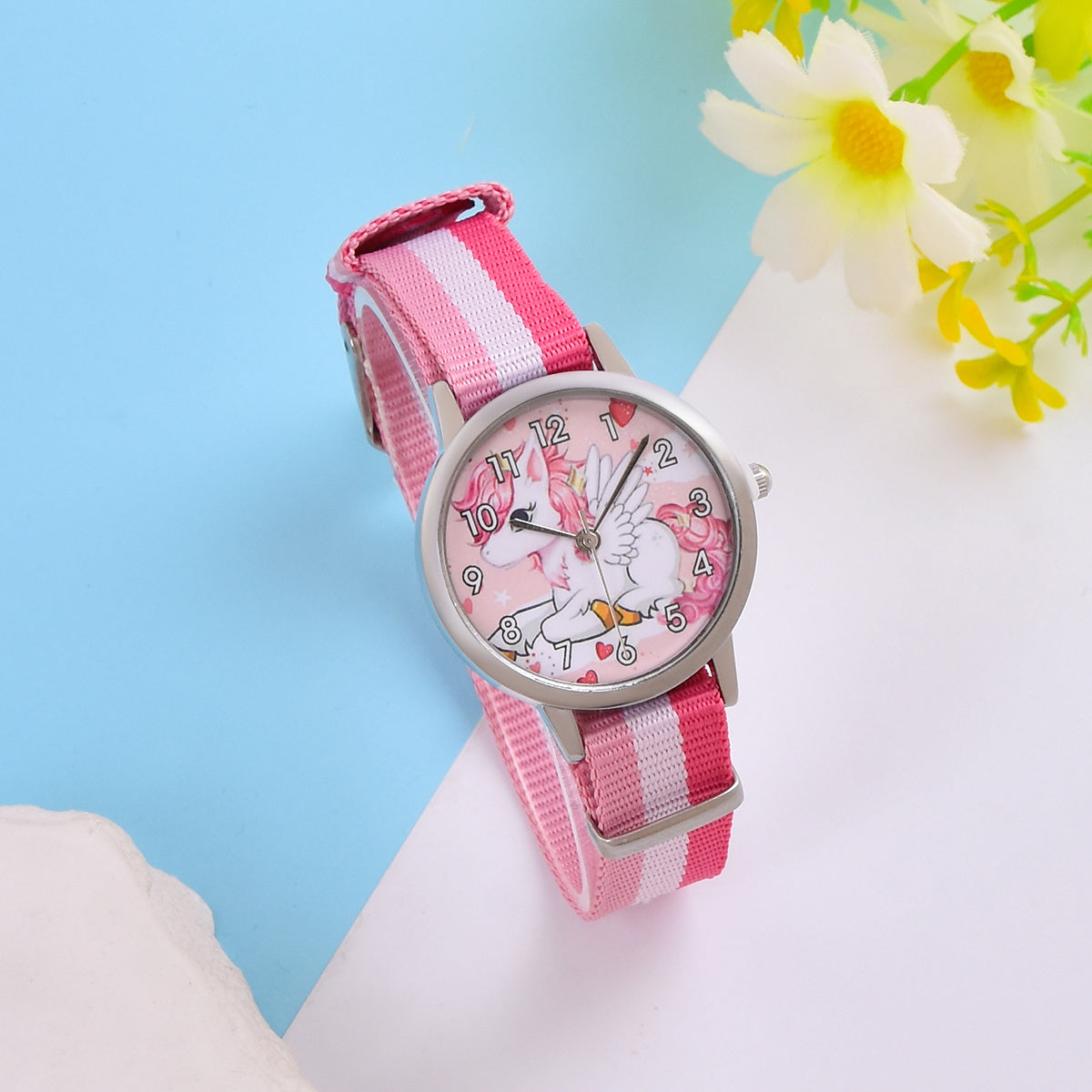 Cartoon Unicorn Girls Watch & Crystal Beaded Bracelet Set