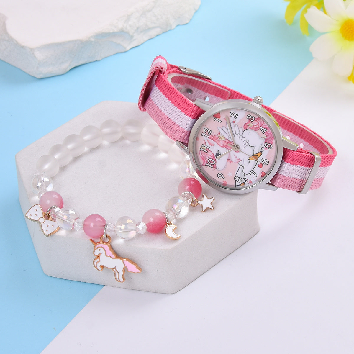 Cartoon Unicorn Girls Watch & Crystal Beaded Bracelet Set